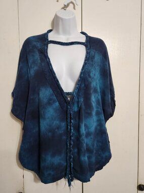 Sportelle Womens S Blue Tie Dye Boho Braided Keyhole Cutout Short Sleeve Blouse